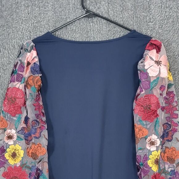 Boston Proper Blouse Womens Medium Blue Mesh Embroidered Floral Long Sleeve Top - Picture 8 of 12